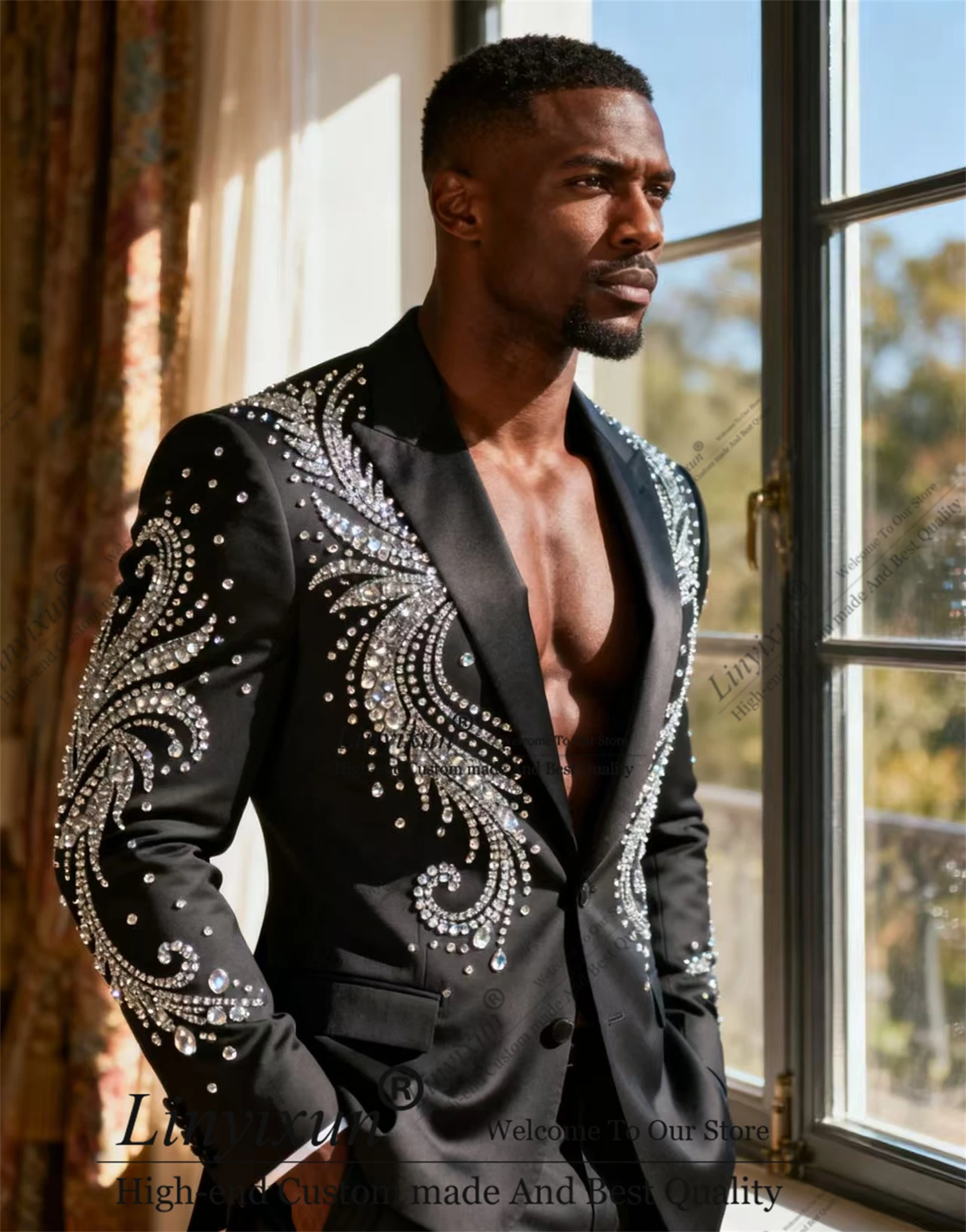 

Fashion Metal Embellished Men Suits 2 Pieces Sets Male Party Prom Blazers Customized Groom Peaked Lapel Tuxedos Slim Ropa Hombre