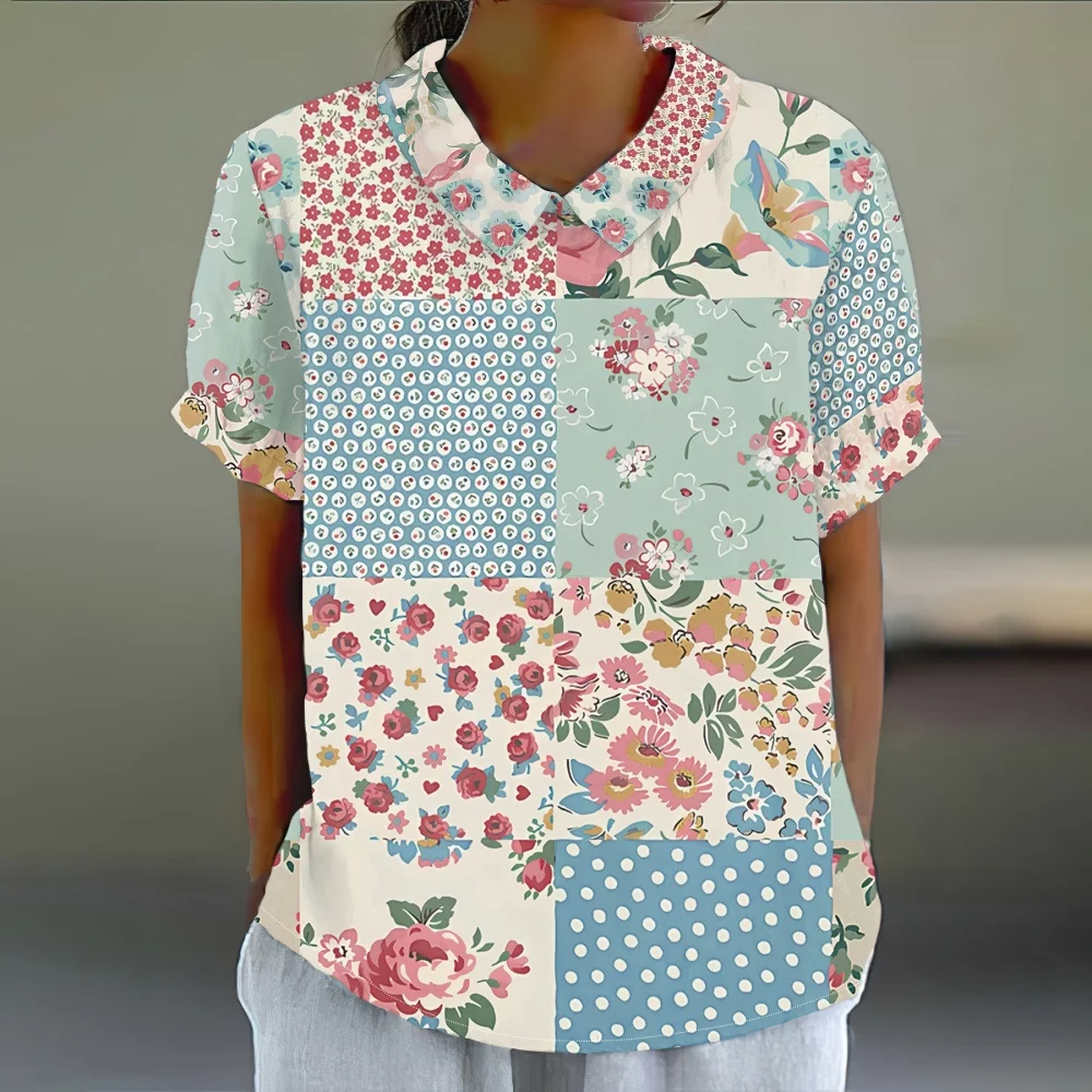 Женская рубашка поло с короткими рукавами и цветочным принтом в стиле пэчворк, летний уличный пуловер, модная женская одежда больших размеров