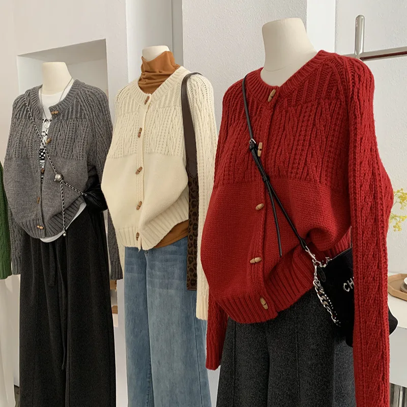 سترة صوفية محبوكة من Thiened سترة دائرية Ne ort كاجوال Sle للسيدات للخريف والشتاء كاجوال مطبوعة بالرياح طويلة...