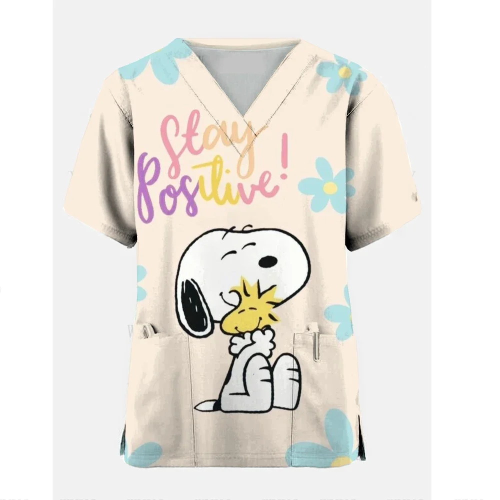 Women Tshirt Nurse Uniform Lovely Snoopy Charlie Brown Cartoon Print  V-Neck Pocket Medical Top Workwear Uniforme Enfermera Tops