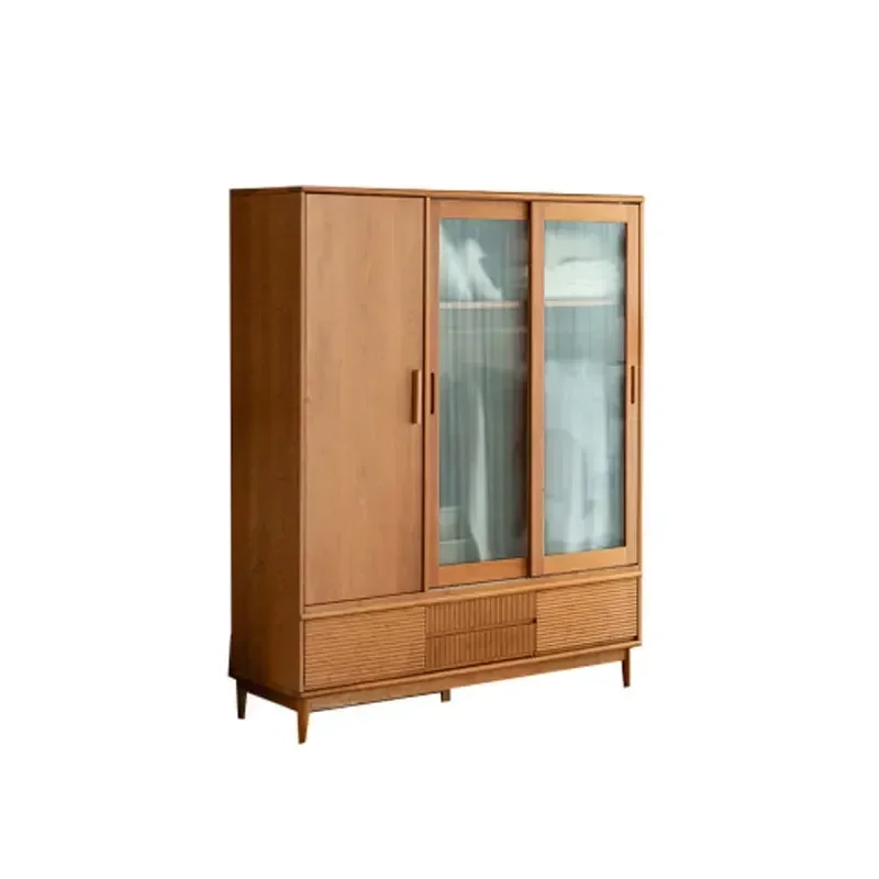 Nordic all solid wood cherry wood clothing cabinet modern simple Japanese home bedroom wardrobe glass sliding door wardrobe