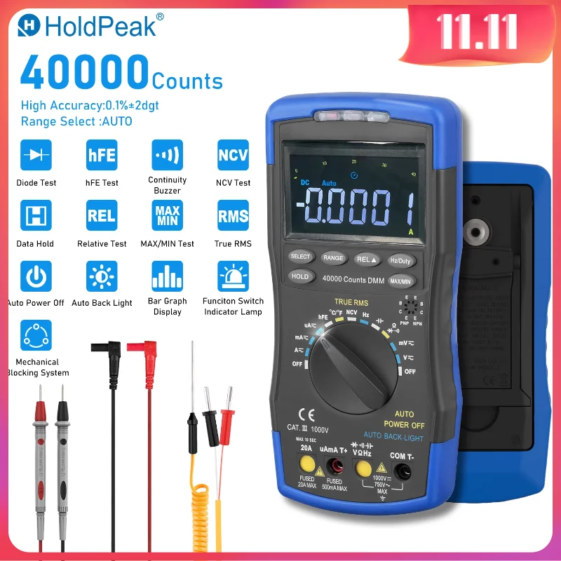 

Цифровой мультиметр HP-770D-C с ЖК-дисплеем — автоматический диапазон истинного среднеквадратичного значения для напряжения переменного/постоянного тока, Ом, ампер и конденсатора (40 000 отсчетов)