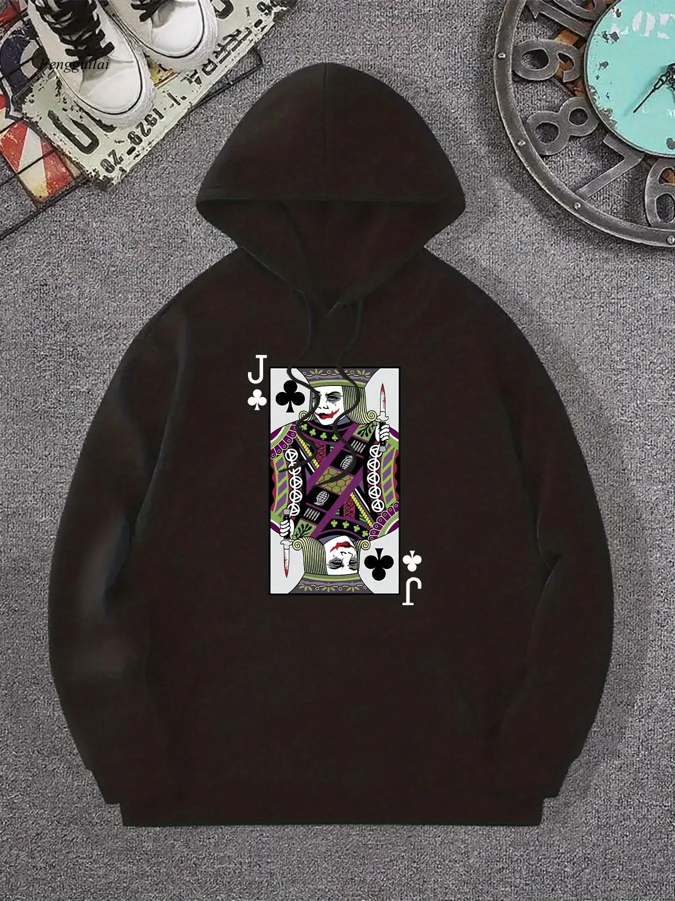 

Толстовка с капюшоном с принтом карты Джека Пикаса и шута — серая толстовка с карманами большого размера и графикой JackJoker