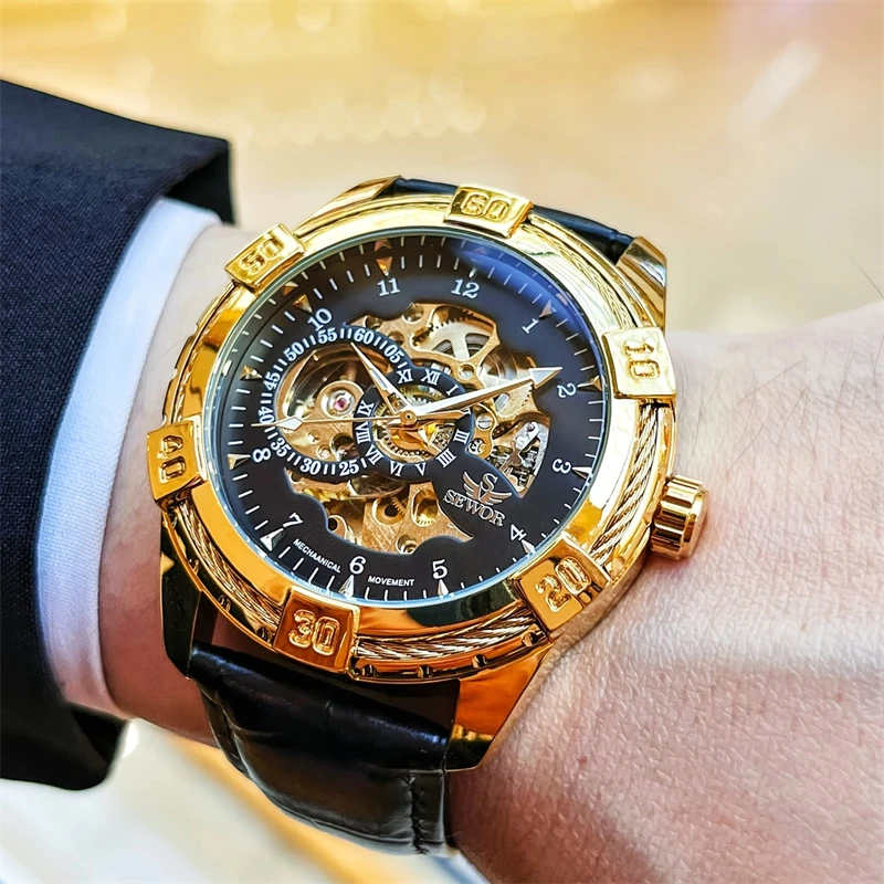 ساعة ميكانيكية أوتوماتيكية للرجال على الطراز الأوروبي والأمريكي والياباني والكوري هيكل عظمي توربيون، مع ميزات مضيئة، تصميم هيكل عظمي، ساعة رجال اجتماعية عصرية فاخرة للأعمال، أفضل هدية له