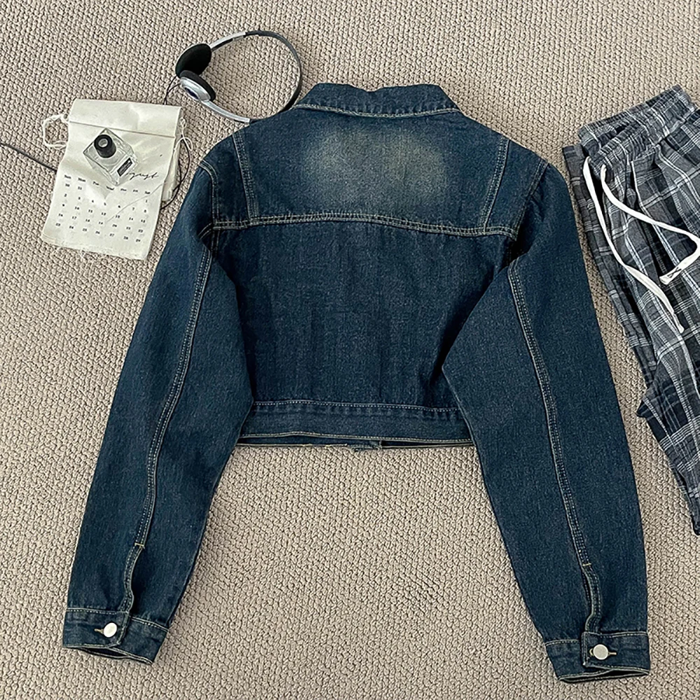 سترات نسائية قصيرة عصرية من قماش الدنيم على الطراز الكوري أنيقة بلون سادة معاطف بياقة مقلوبة للخريف ملابس خارجية من جان مناسبة تمامًا #2