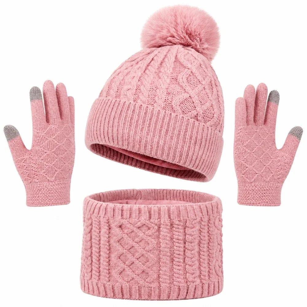 3PCS with Pom Pom Knit Hat Scarf Gloves Set Soft Cozy Thickened Warm Neck Warmer Scarf Windproof Coldproof Ribbed Beanie Women