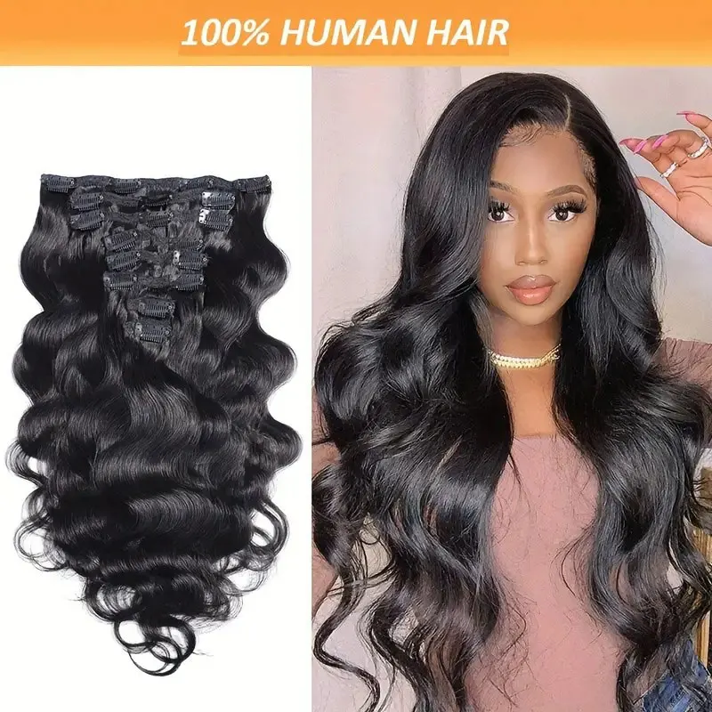 Body Wave Clip in Hair Extensions Real Human Hair Invisible Skin 120g Natural Color Body Wave Clip ins Hair Extensions for Women