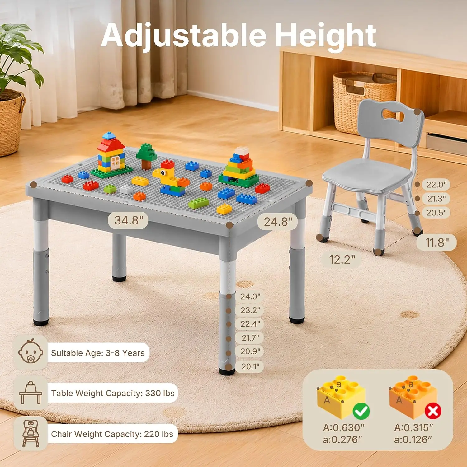 4 in 1 Kids Table & Chair Set Reversible Graffiti Block Building Adjustable Height Storage 4 Bins Activity Desk, Customized