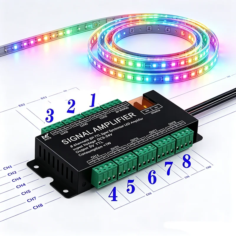 8 Channels  LED Controller SPI TTL Signal Synchronizer LED Amplifier  for  WS2811/2812B/1903  DC 5V-24V Input