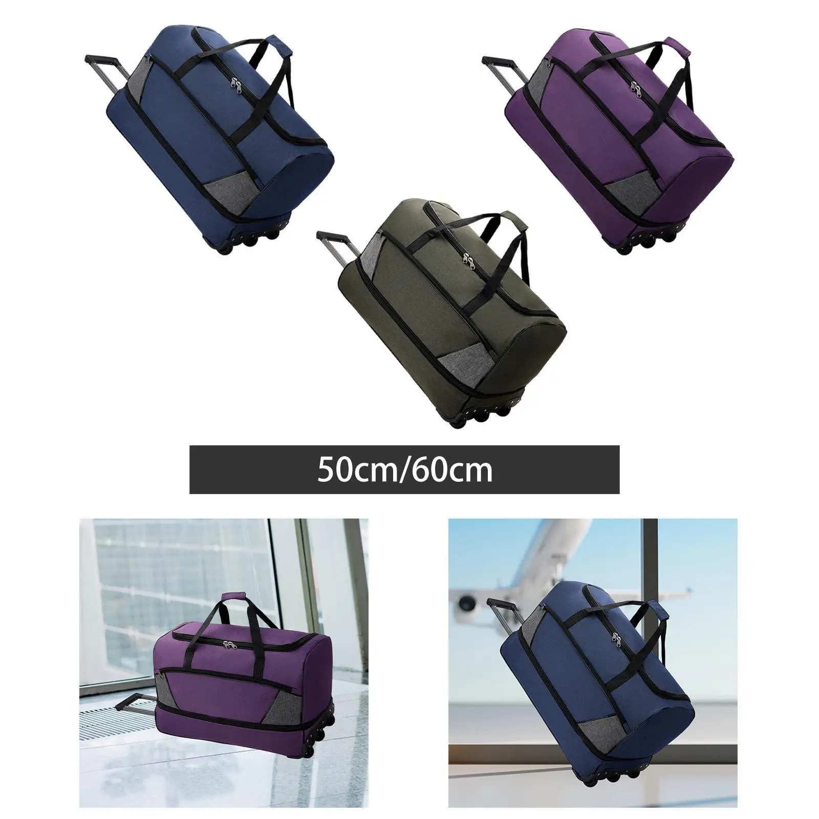 Large Wheeled Duffel Bag Telescopic Handle Waterproof Nylon Rolling Trolley Suitcase Handbag for Overnight and Sports Travel