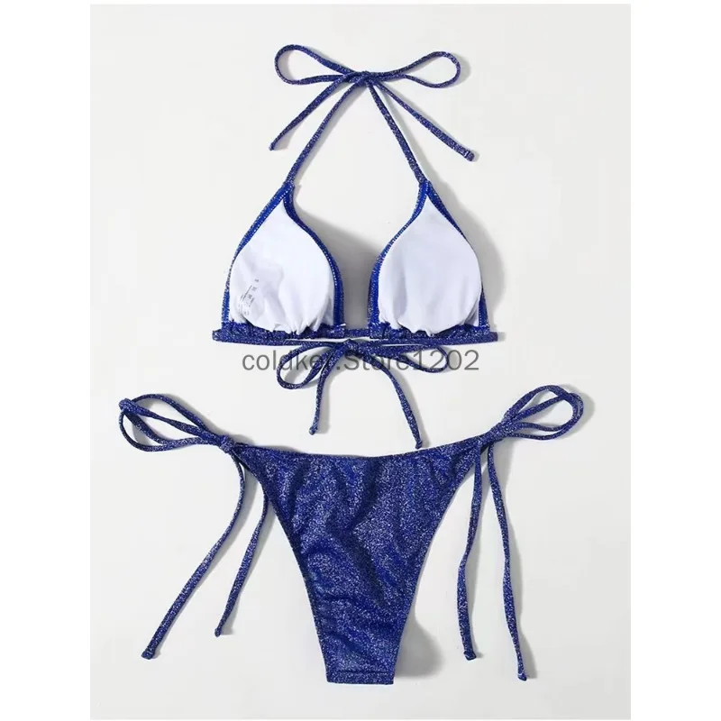 الوردي الأزرق الأسود لامعة مجموعة البكيني مثلث البيكينيات ضمادة ملابس السباحة النساء قطعتين ملابس الصيف Biquini بحر جديد