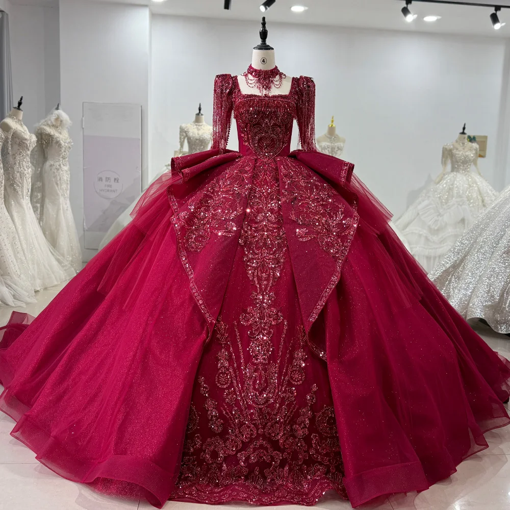 Lace Long Sleeve Square Collar Evening Dress Crystal Beaded Lace Up Back Red Long Dresses For Special Occasions