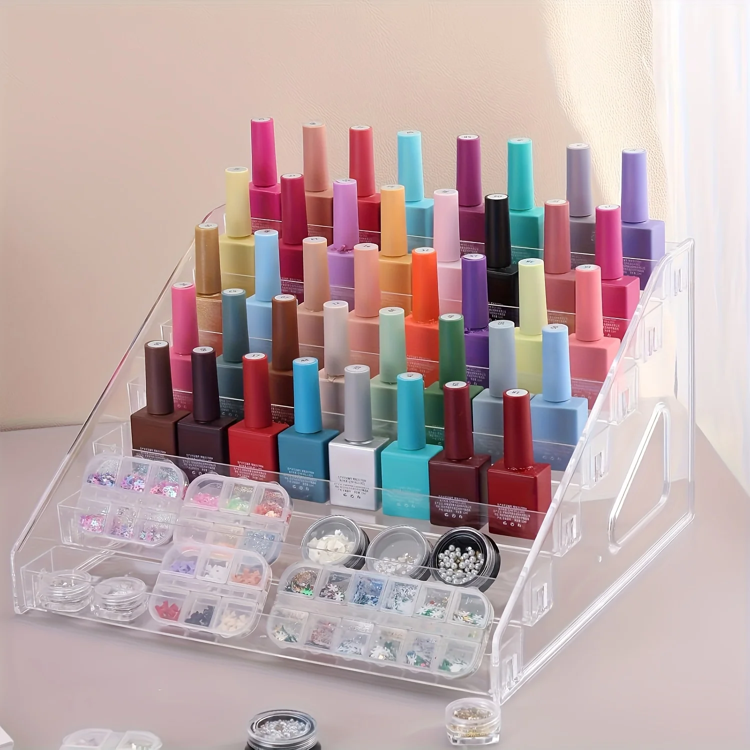 Transparent Multi-Layered Display Rack for Nail Polish, a Tiered Organizer for Cosmetics, Lipsticks, And Figurines on The Deskto