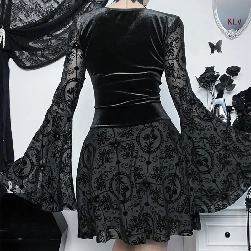 สไตล์สีดำ Draped Bodycon ชุดเดรสแขนยาวสไตล์โกธิคเดรสแฟชั่นวินเทจกระโปรงยาว Belled Sleeve Design 6XDA