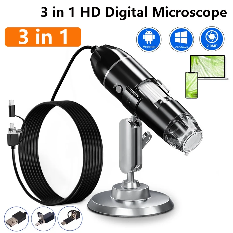 

1600X USB Digital Microscope 3 in 1 0.3MP/2MP Portable Electronic Microscope For Soldering LED Magnifier Type-C Magnifier