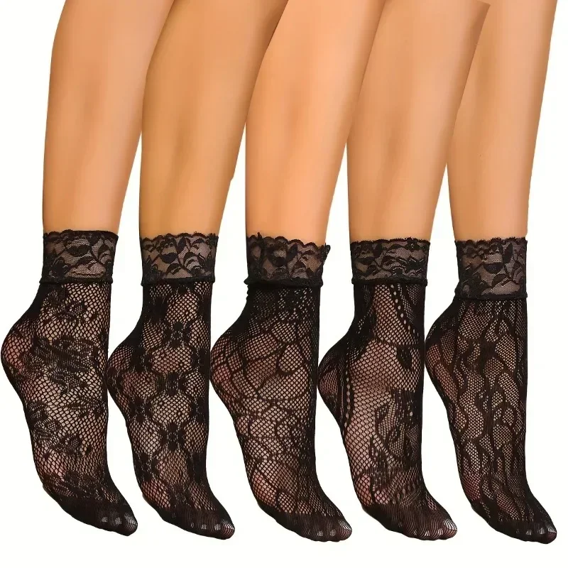 5 Pairs Floral Lace Socks Thin Breathable Short Socks Summer Mesh Lolita Fishing Net Women's Stockings Hosiery