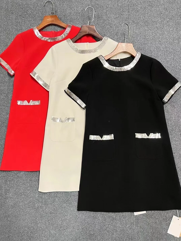 Heavy nail drill round neck short sleeve dress spring and summer women's new retro solid color luxury short straight skirt