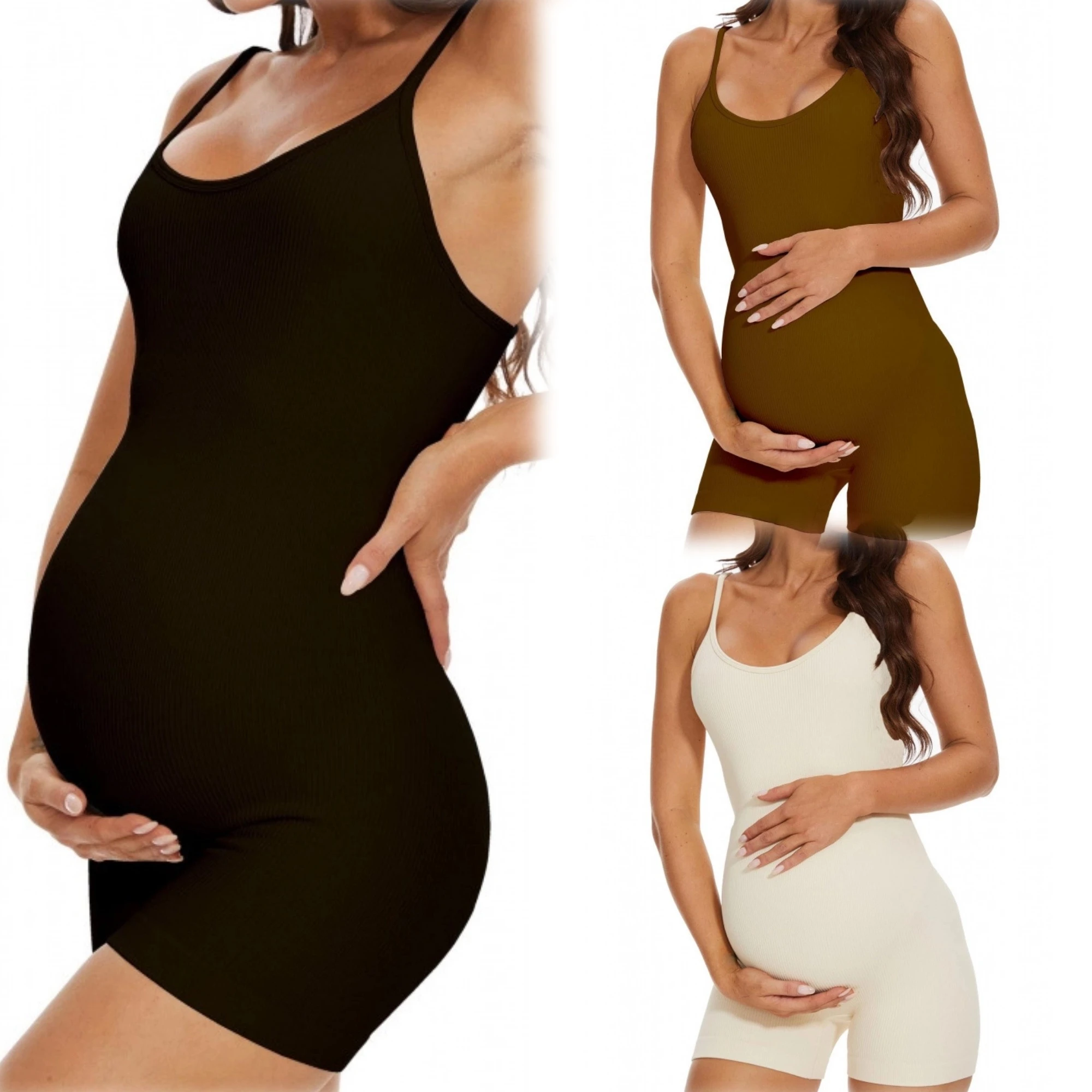 Maternity Ribbed One-Piece Swimsuit 2025 Summer High Stretch Supportive Belly Band Pregnancy Women Strappy Solid Color Swimwears