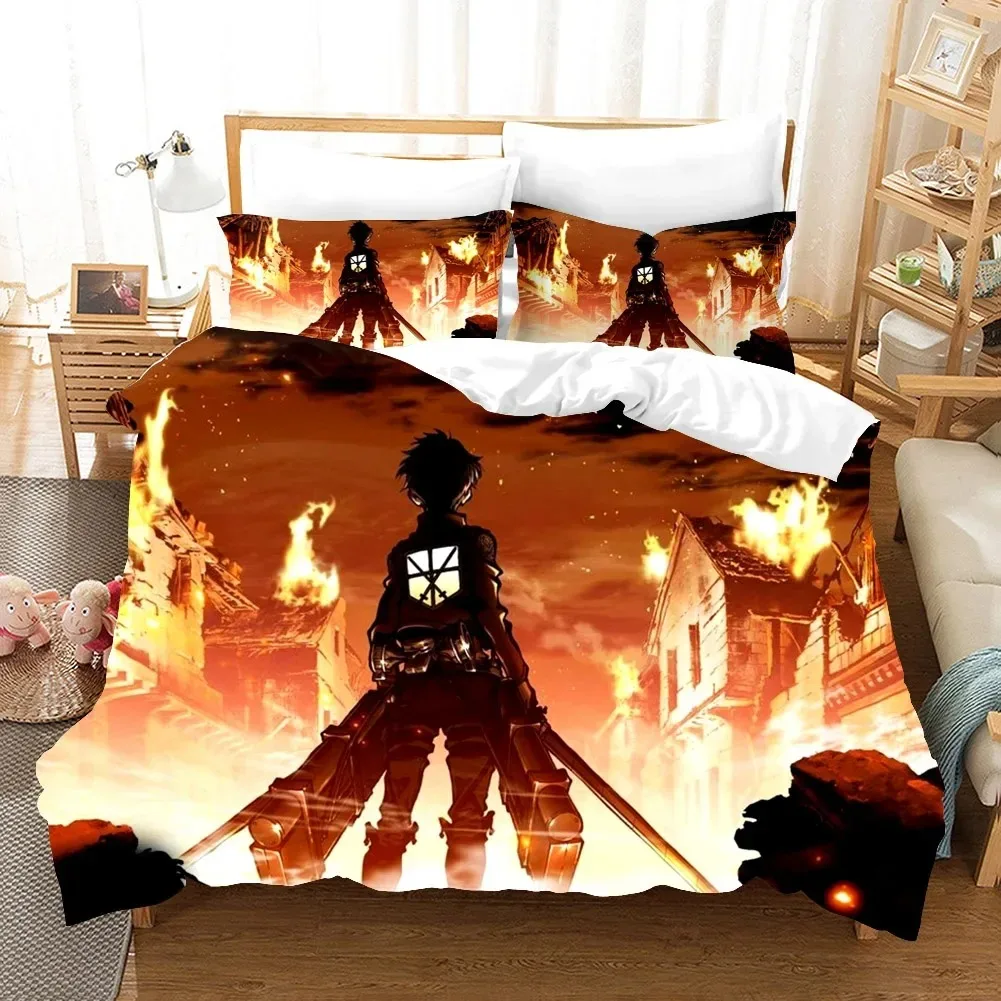 Juego de cama con estampado 3D de Anime Attack On Titan AOT, funda nórdica doble, Queen King, ropa de cama para niños y adultos, funda de edredón