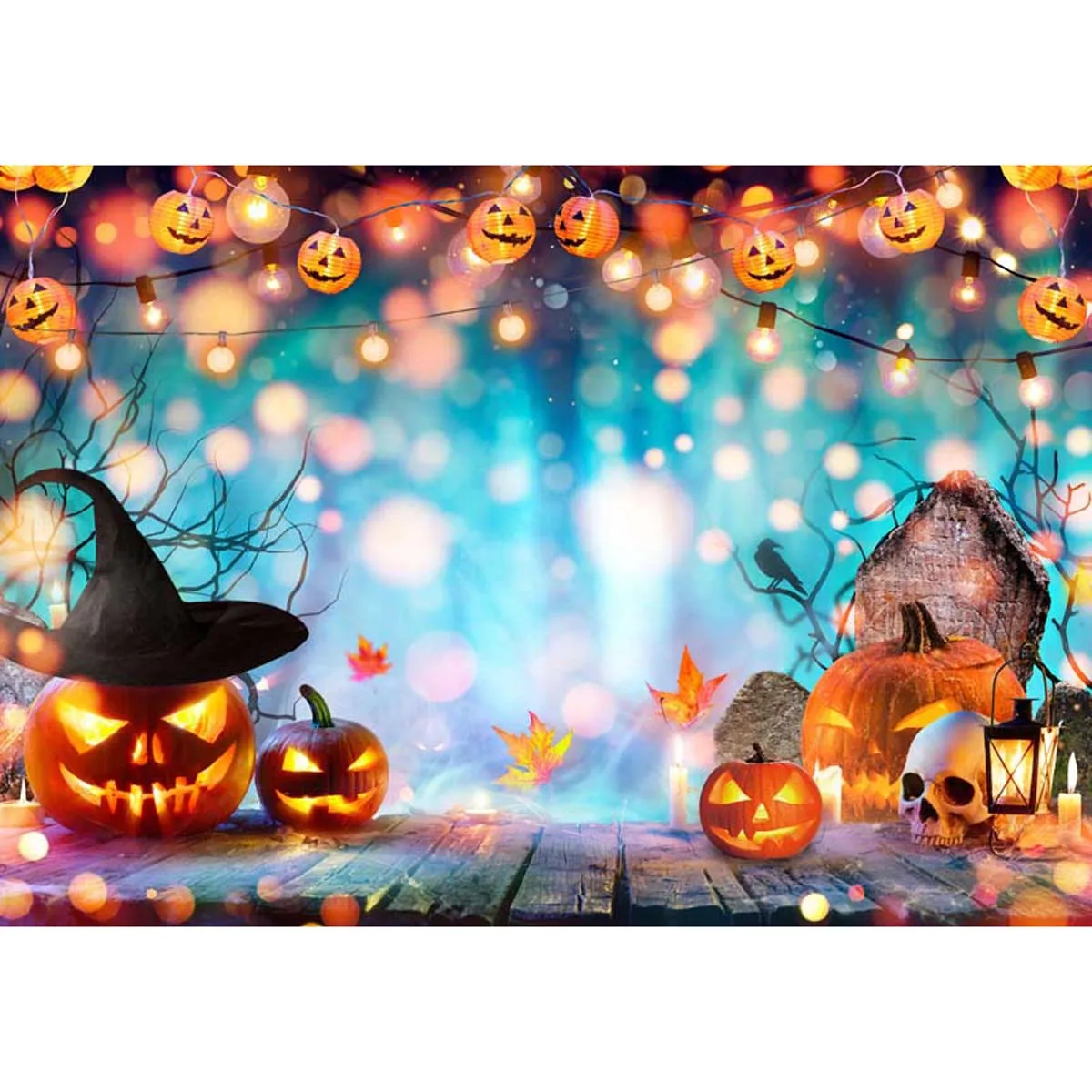 Allenjoy Blue Bokeh Halloween Forest Backdrop