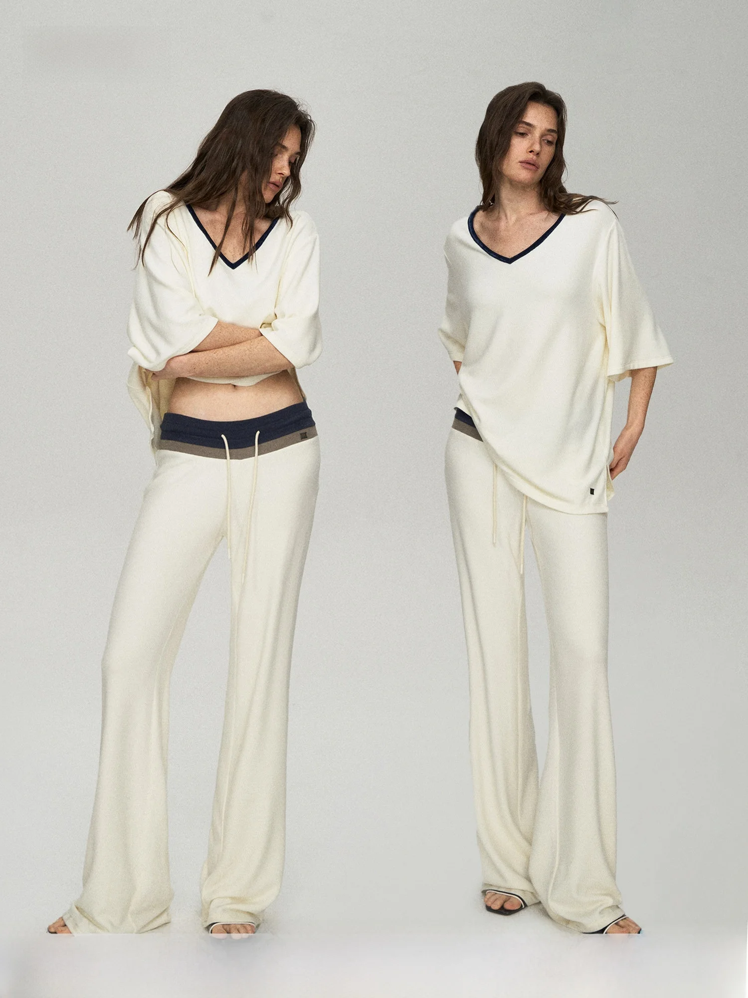 

PRRP Comfortable V-Neck Slimming Mid-Sleeve Dervo Hanging Long Pants Women's Fashion Set High Waist Loose Fit Winter Outfit