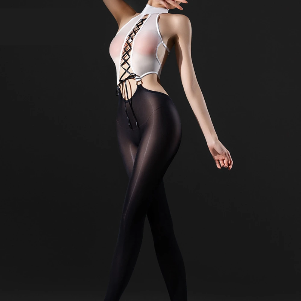 

Sexy Women Backless Cosplay Maid Tights Oil Glossy Elastic Bodysuits Sheer See Through Jumpsuits Bandage Hollow Out Thin Leotard