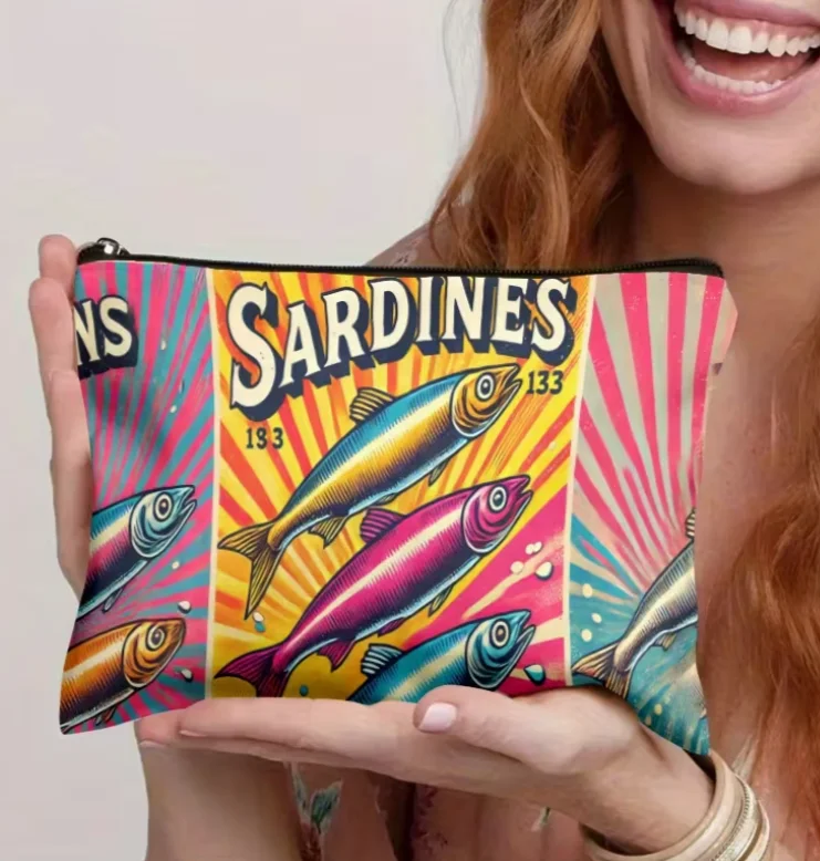 1pc Cosmetic Pouch, Sardine Can Print Poster Zippered Toiletry Bag, Ideal for Travel Versatile Storage Solution for Stationery