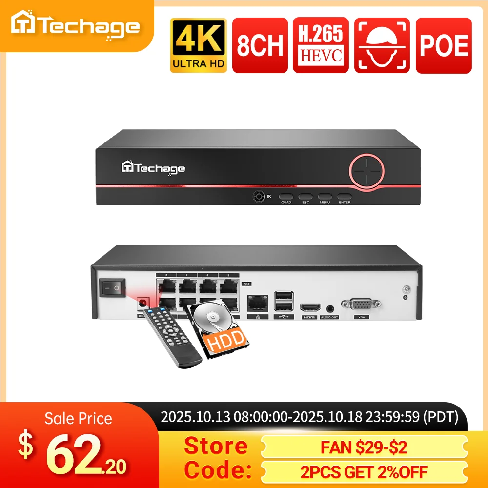 Techage H.265 8CH 4MP 5MP 8MP 1080P 4K NVR POE Audio bidireccional vigilancia de seguridad NVR hasta 16CH para cámara IP POE vídeo CCTV