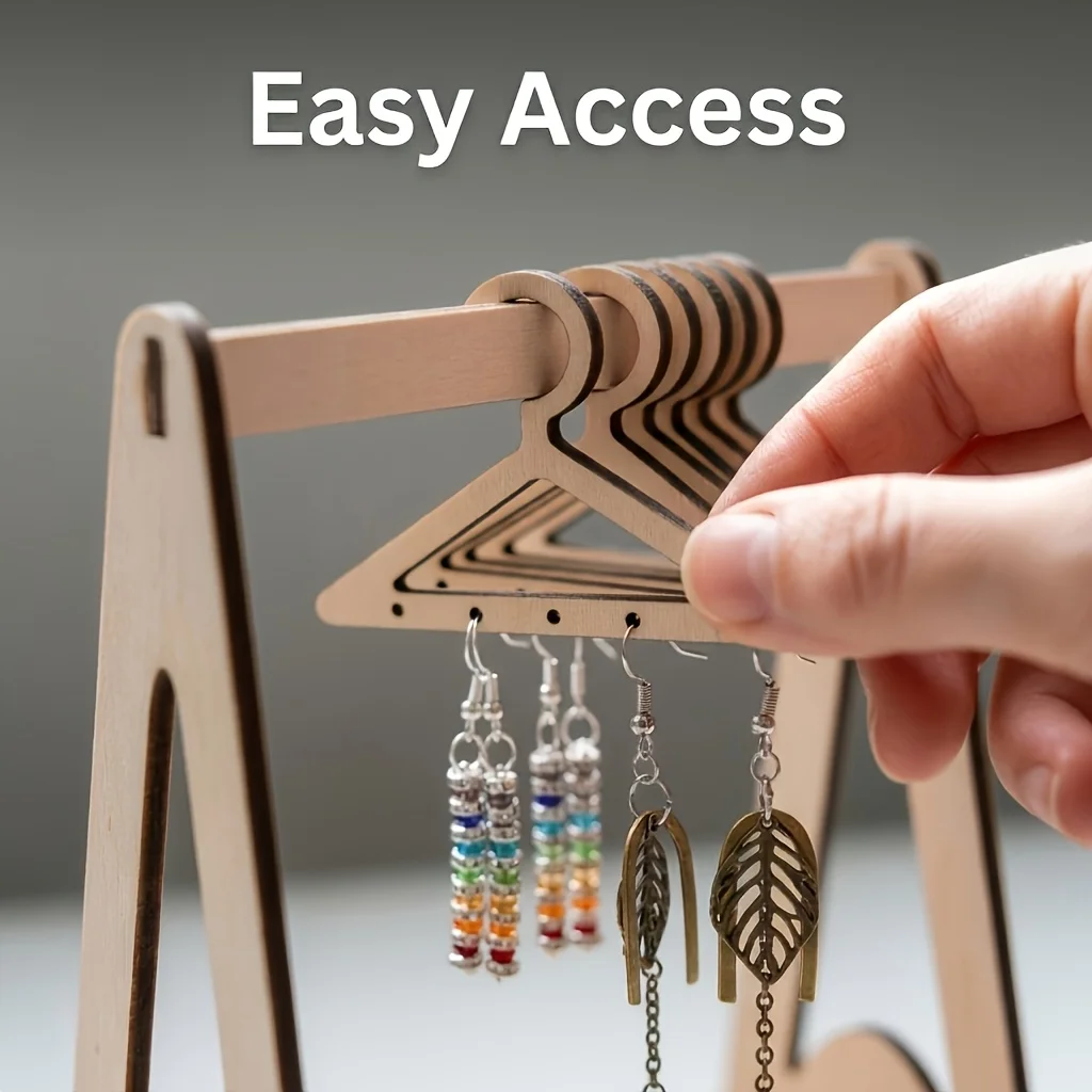 11pcs Wooden Earring Holder Set: 1 Heavy-Duty Stand + 10 Durable Hangers, Mini Hanging Rack Design Jewelry Organizer