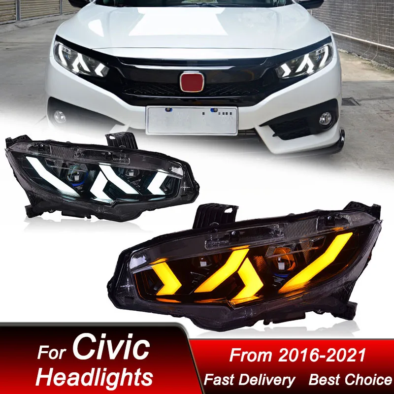 Car Headlights For Honda Civic 10G 2016-2021 Lamborghini style LED Headlamp Assembly Upgrade  Projector Lens Accessories Kit