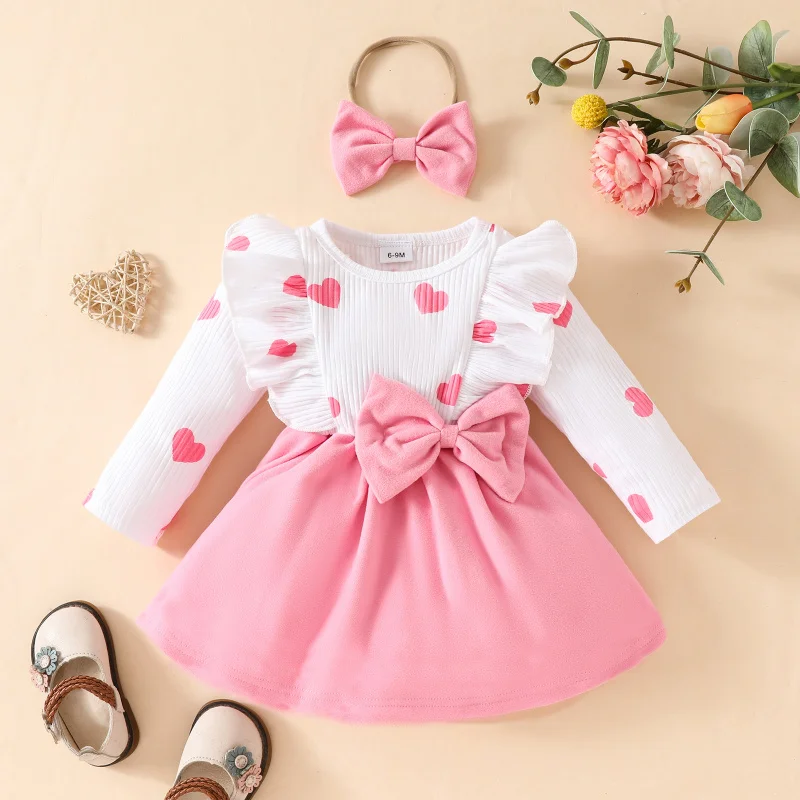 

Baby Long Sleeve Dress Toddler Girl Long Sleeve Heart Bow Dress Spring Autumn Sweet Stylish Dress