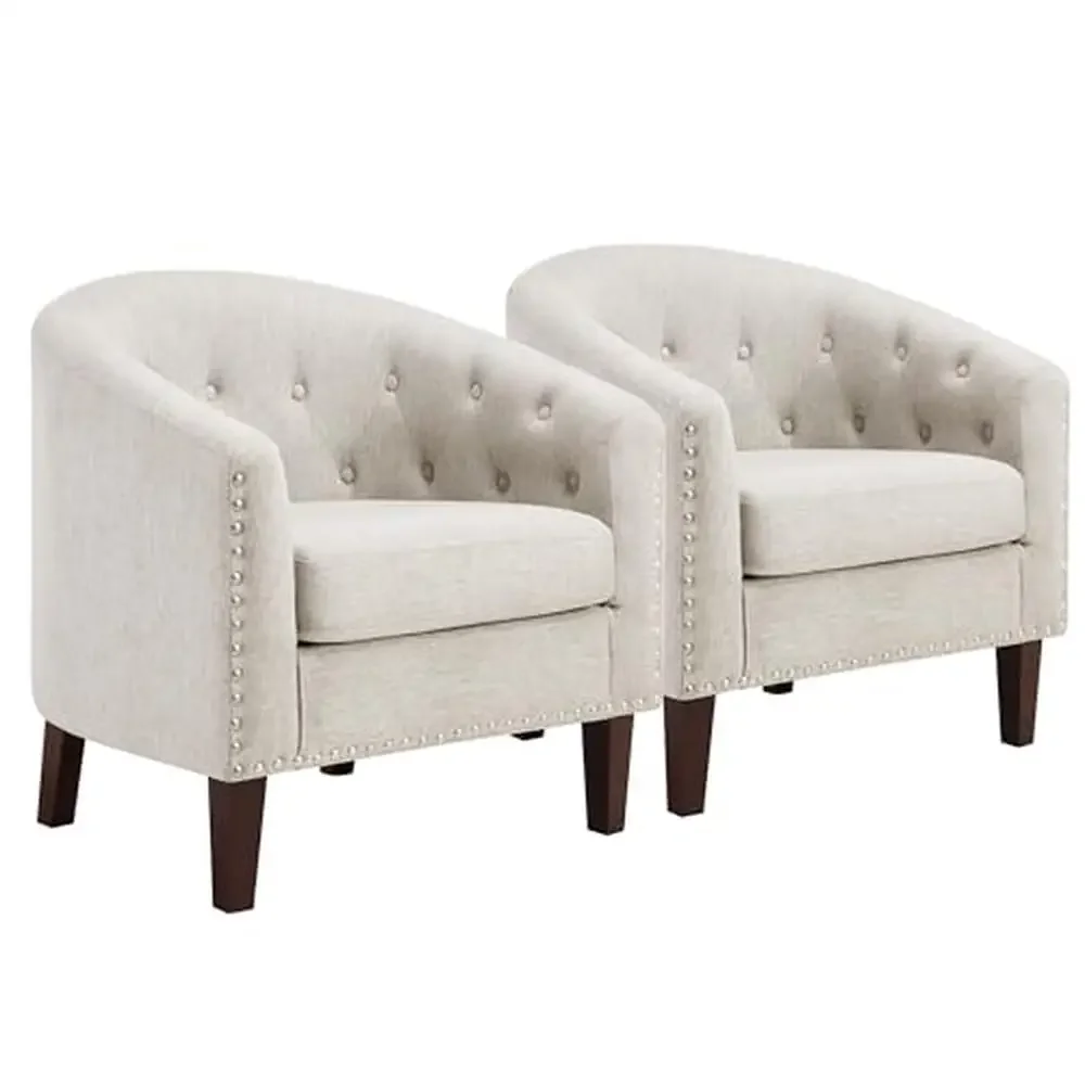 Accent Barrel Chairs Set of 2 Thicken Cushion ArmChair Button-tufted Backrest Nailhead Trim Wood Frame Foam Seat Linen Fabric