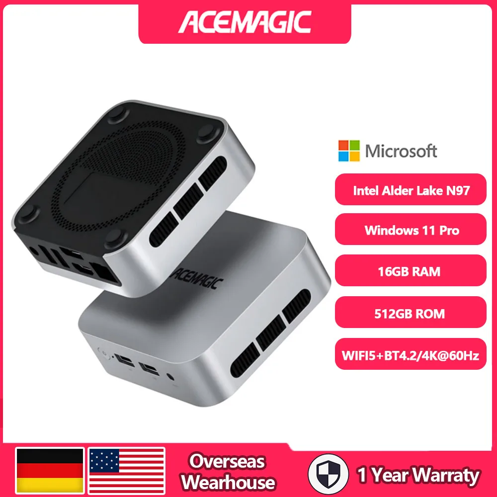 ACEMAGIC Intel Processor Alder Lake N97 Mini PC 16GB DDR4 512GB SSD Mini Computer Wifi5 BT4.2 4K@60Hz UHD Desktop PC For Office