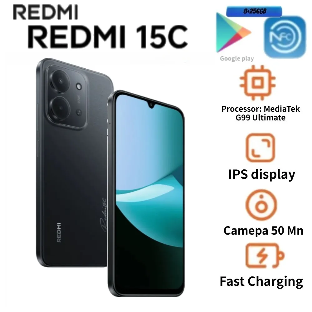 Redmi 15C Global Edition smartphone, featuring a 6.9-inch large display, a 50-megapixel camera, a 6,000mAh battery, 8GB + 256GB