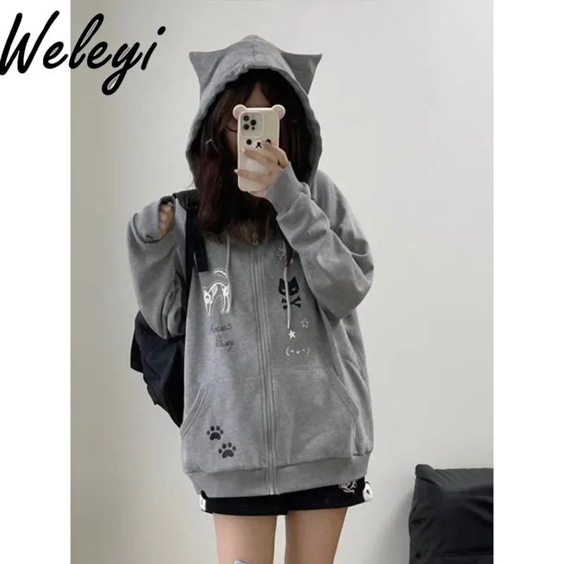 Japanese Cat Ears Hooded Hoodies Female Junior High School Students Cute Autumn New Versatile Thin Long Sleeve Casual Loose Coat