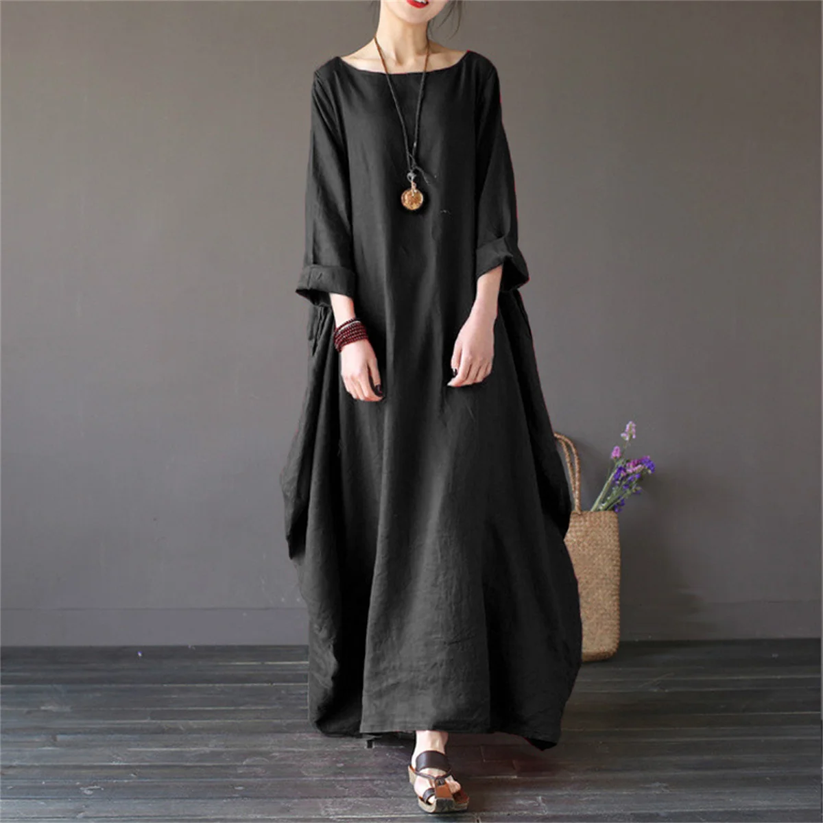 Women O-neck Loose Dresses Solid Color Seven Point Sleeve Casual Vestodis A-line Plus Size Elegant Fashion Commute Maxi Robe