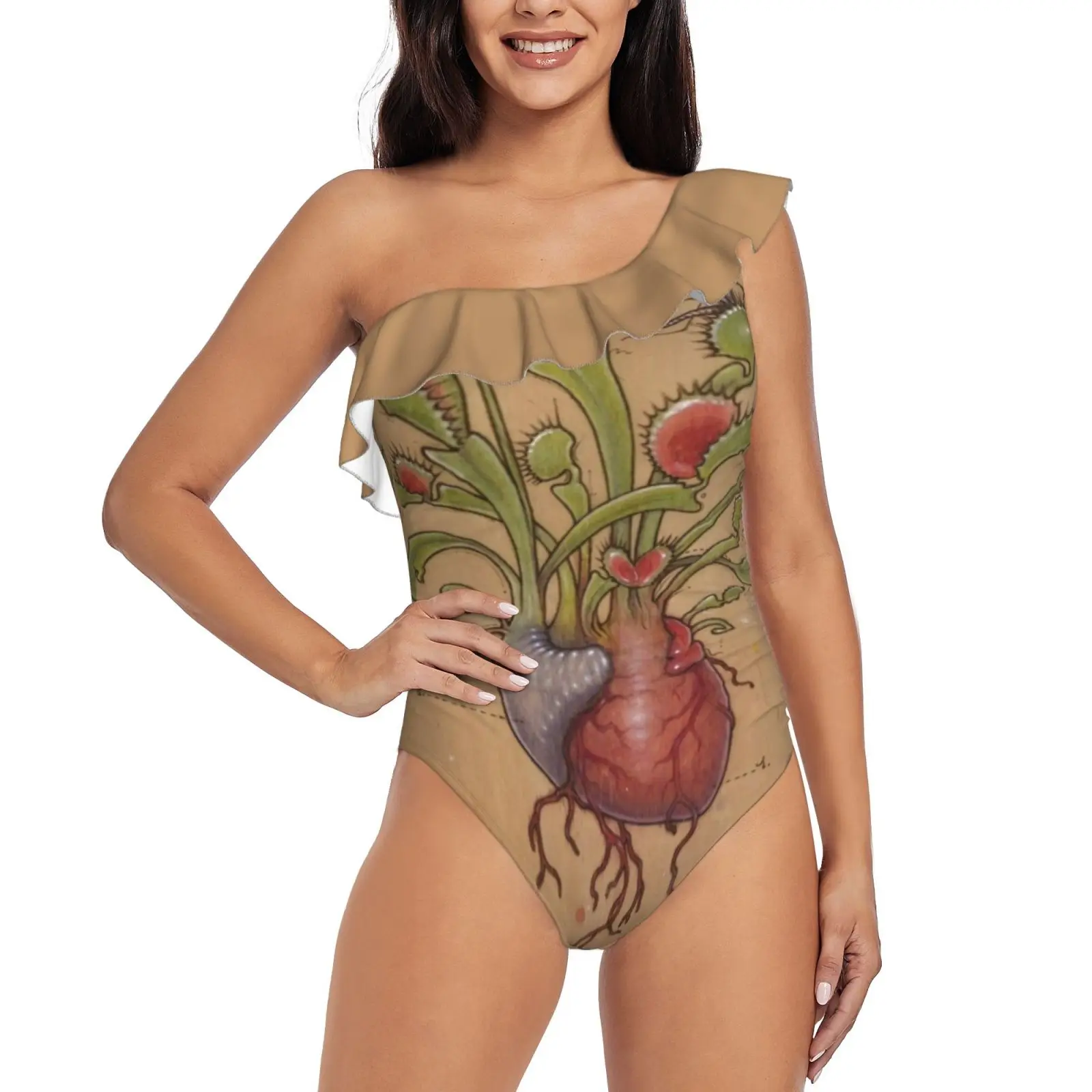 Dionaea Heart ( Venus Flytrap ) One Shoulder Ruffle Swimsuit One Piece Print Swimwear Women Bathing Suit Monokini