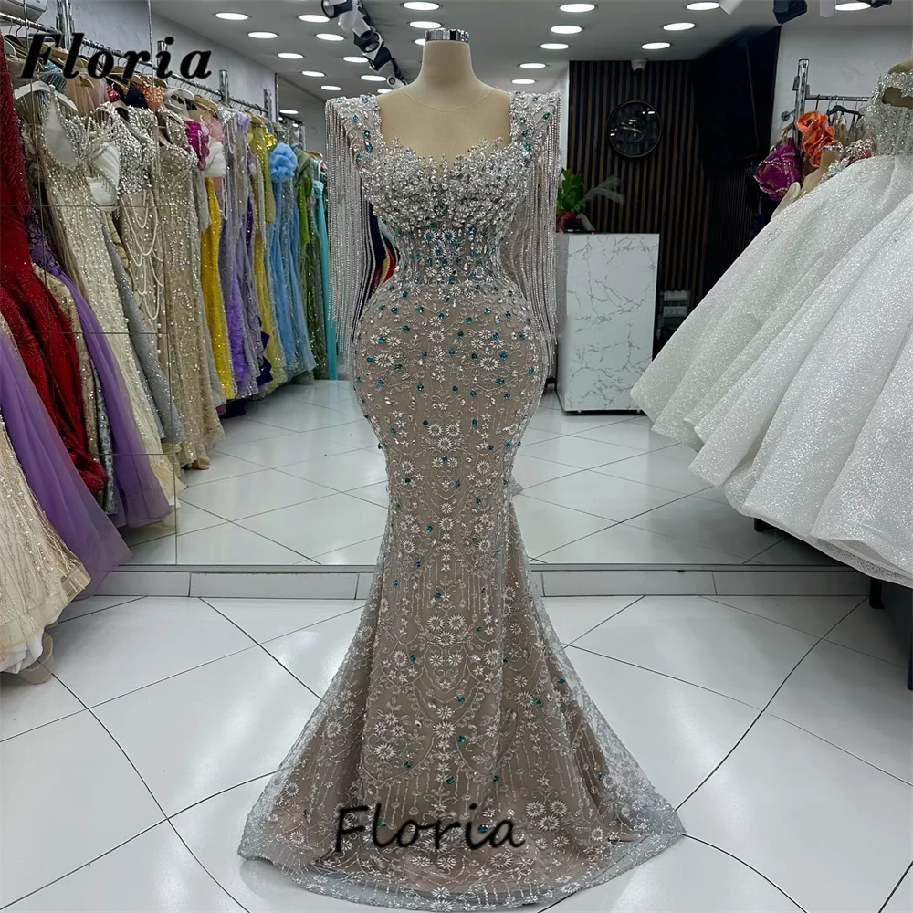 

Elegant Sliver Beaded Evening Dresses Crystals Tassel Shoulder Red Carpet Runway Dress Vestidos De Noche Wedding Party Gowns