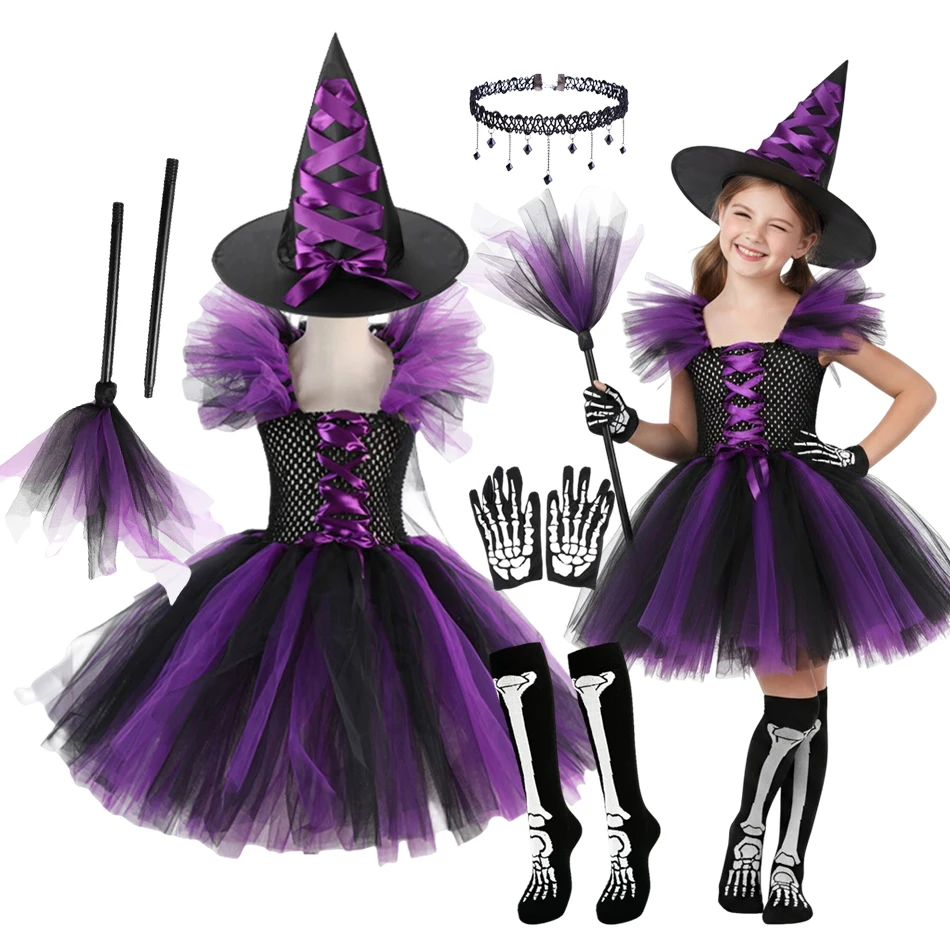 Girl Witch Halloween Disguise Costume With Hat Broom Dress Up Kids Carnival Party Cosplay Children Vestidos Outfit