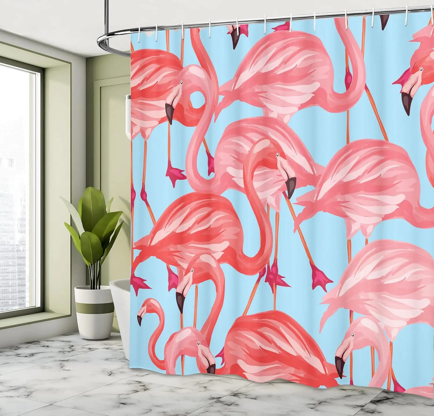 フック付きフラミンゴシャワーカーテン-–-トロピカルピンクのフラミンゴ柄、ブルーコーラルの背景、エキゾチックな自然アート装飾