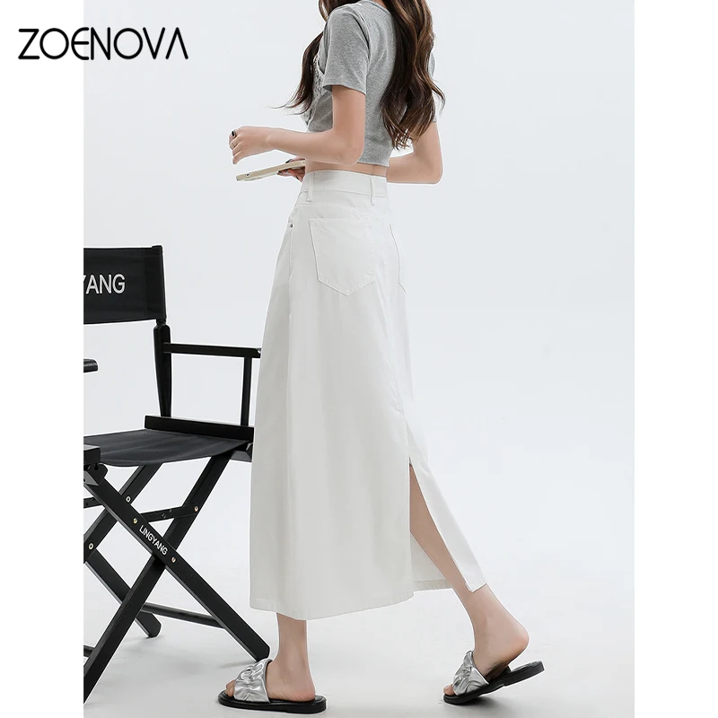 ZOENOVA Korean Fashion Women's White Lyocell Denim Skirt Summer New High Waist Solid Soft Loose Simple Versatile A-line Jeans