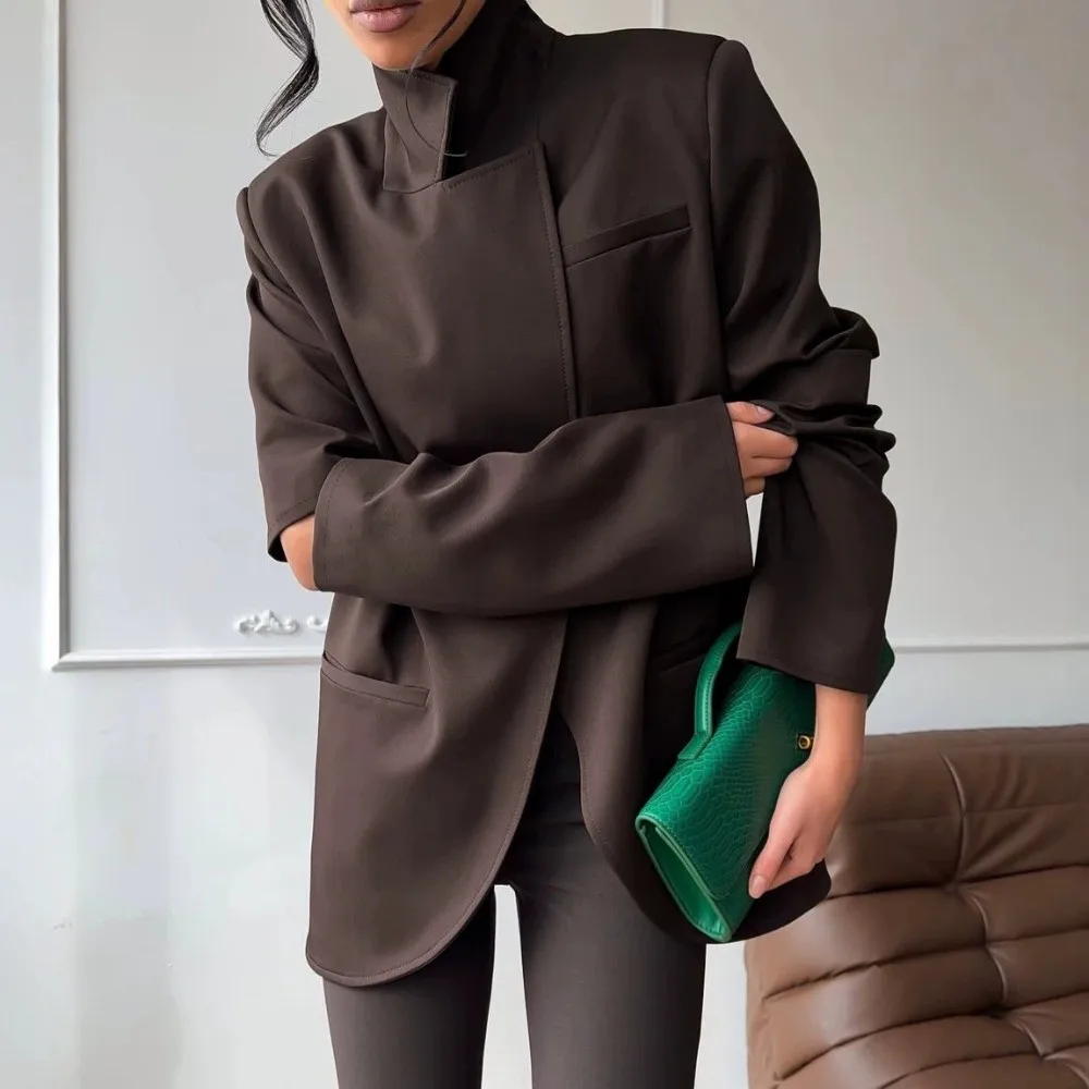 Brown Women Stand Collar Blazer Loose Fit Stand Collar Casual Blazer Outerwear Patch Pocket Long Sleeve Stand Neck Suit Coat