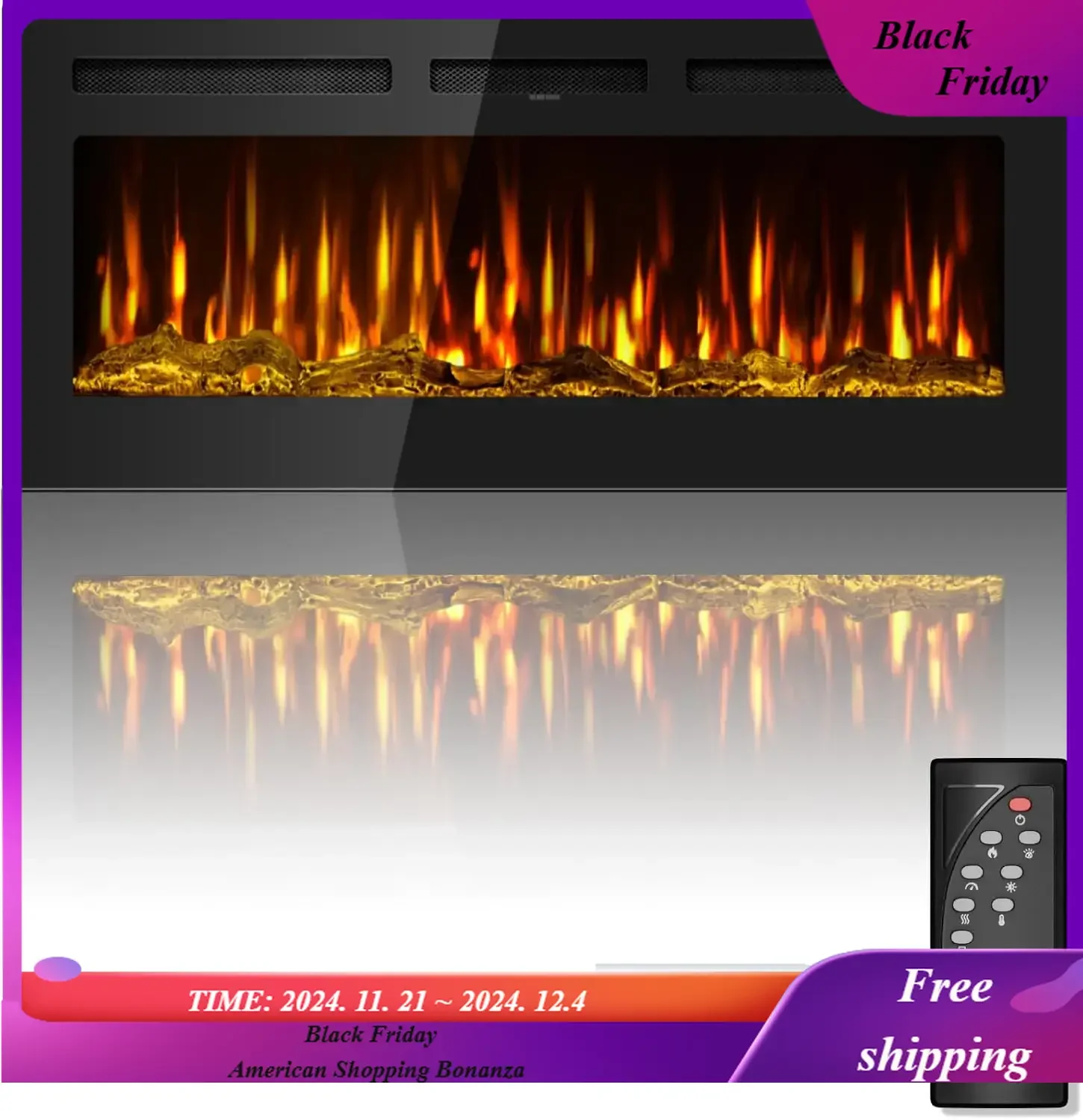 Electric Fireplace 50 Inch Recessed and Wall Mounted Black Log and Crystal, 12-Color Flame, Timer, Low Noise, 750/1500W,