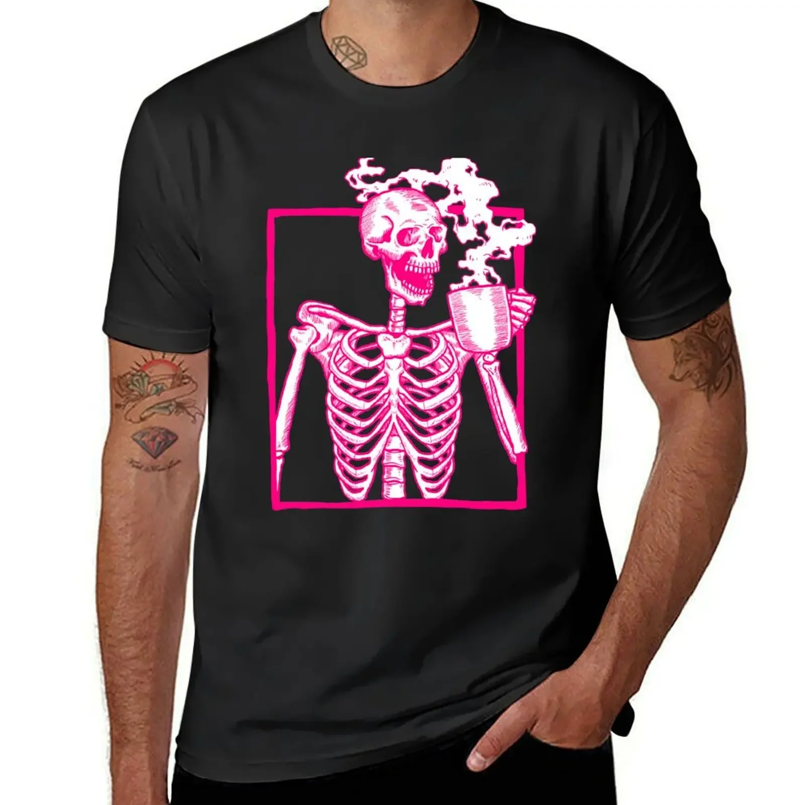 Camiseta rosa con esqueleto de halloween para hombre, Camisa estampada de gran tamaño, moda coreana, divertida