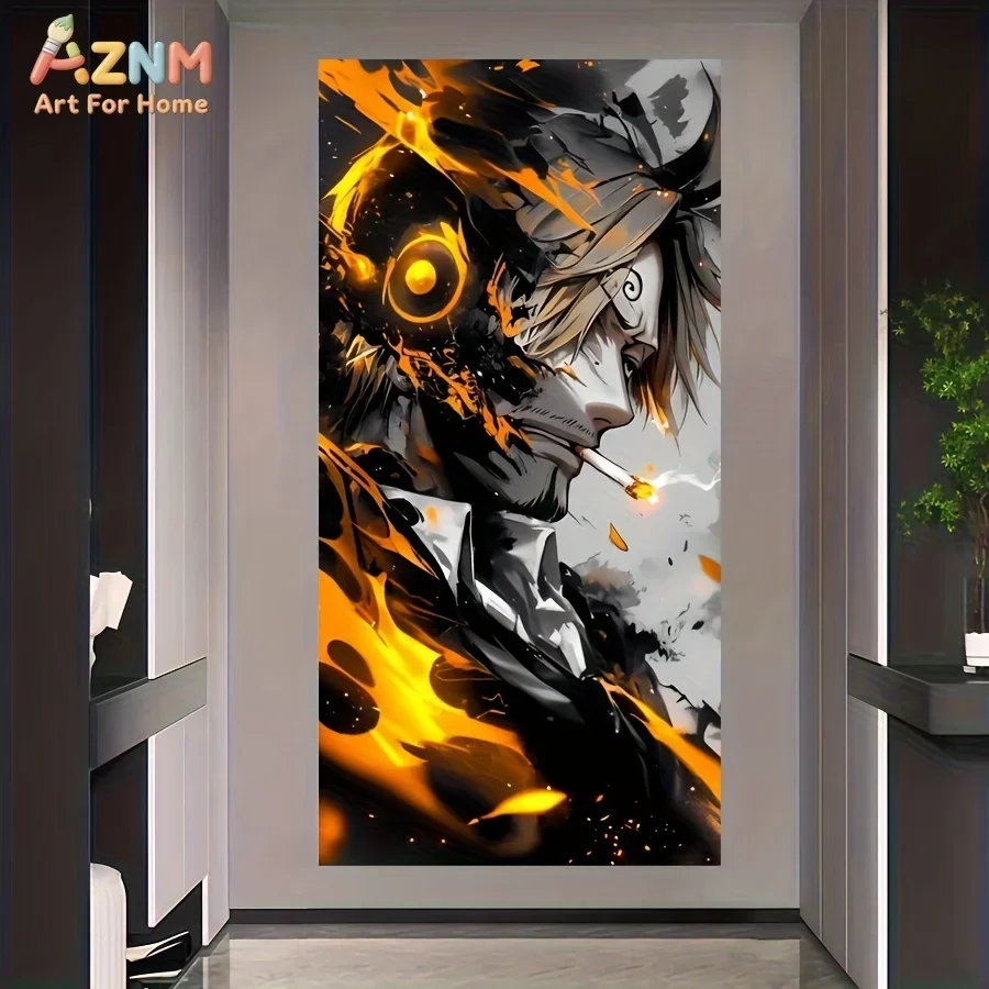 VIVID GEM Diamond Painting Kit 5D DIY Full Drill One Piece Sanji Orange Flame Anime Artwork Cross Stitch Adults Room Decor