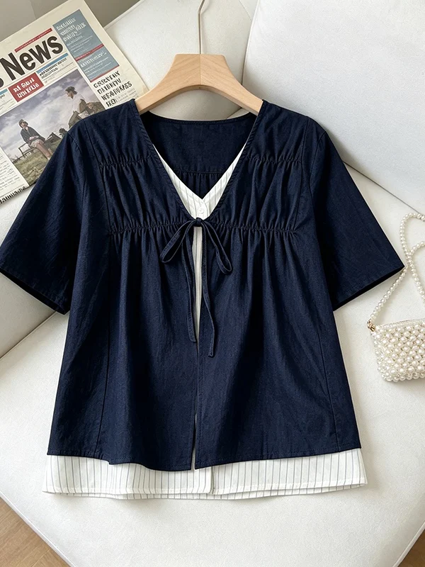 

plus Size Women's Fashionable Summer Shirt V-Neck Short Sleeve Denim Patchwork Striped Fake Two-Piece Style Korean Commute Style