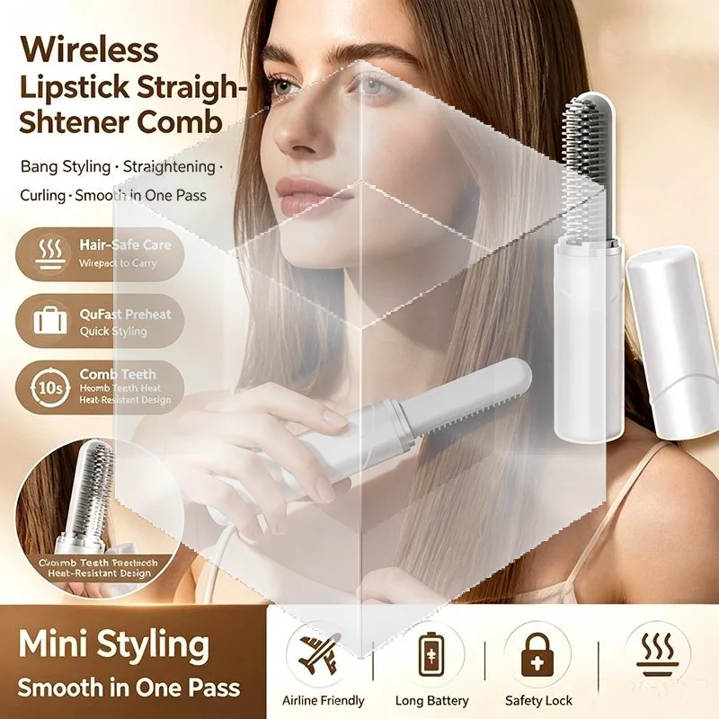Mini Cordless Hair Straightener Brush Lipstick Sized Fast Heating Portable Hair Styling Tool for Travel Business Trip