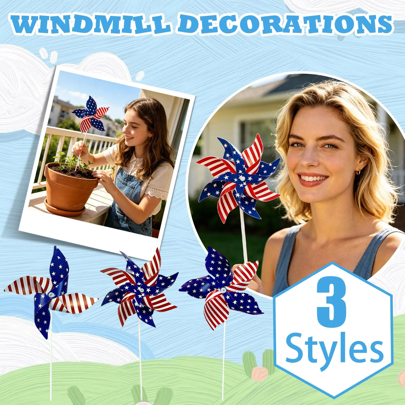 12pcs American Independence Day Handheld Pinwheels, 4th of July Patriotic Red White and Blue Wind Spinners, Holiday Decorations