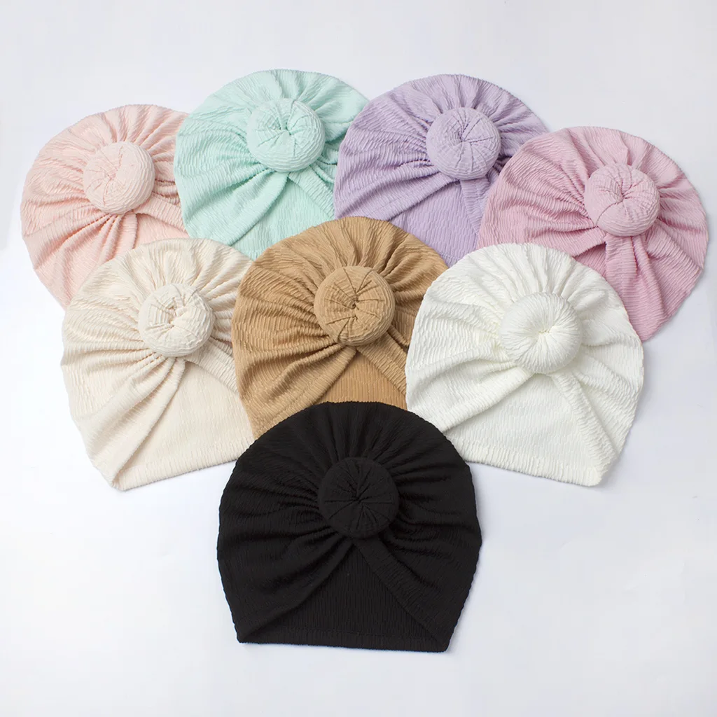 Baby Round Knot Turban Caps Infant Beanie Caps Cotton Newborn Elastic Headscarf Solid Color Kids Rib Head Wraps Hair Accessories