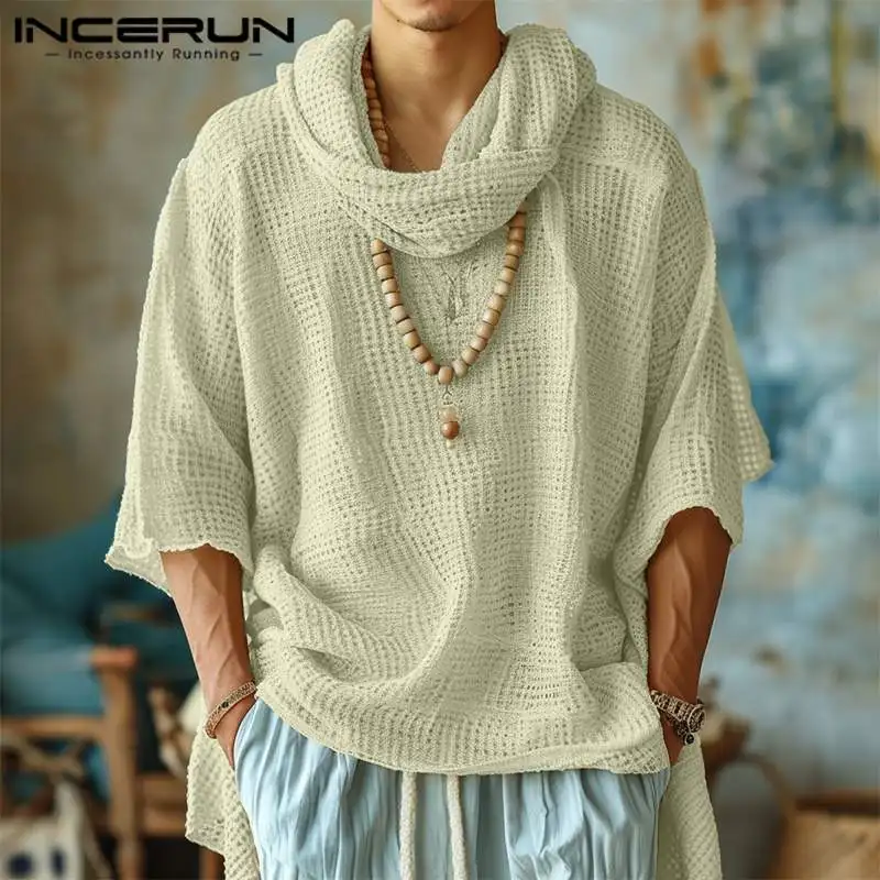 INCERUN Men T Shirt Solid Color Turtleneck 3/4 Sleeve Loose Casual Men Clothing Streetwear 2024 Korean Style Fashion Tee Tops